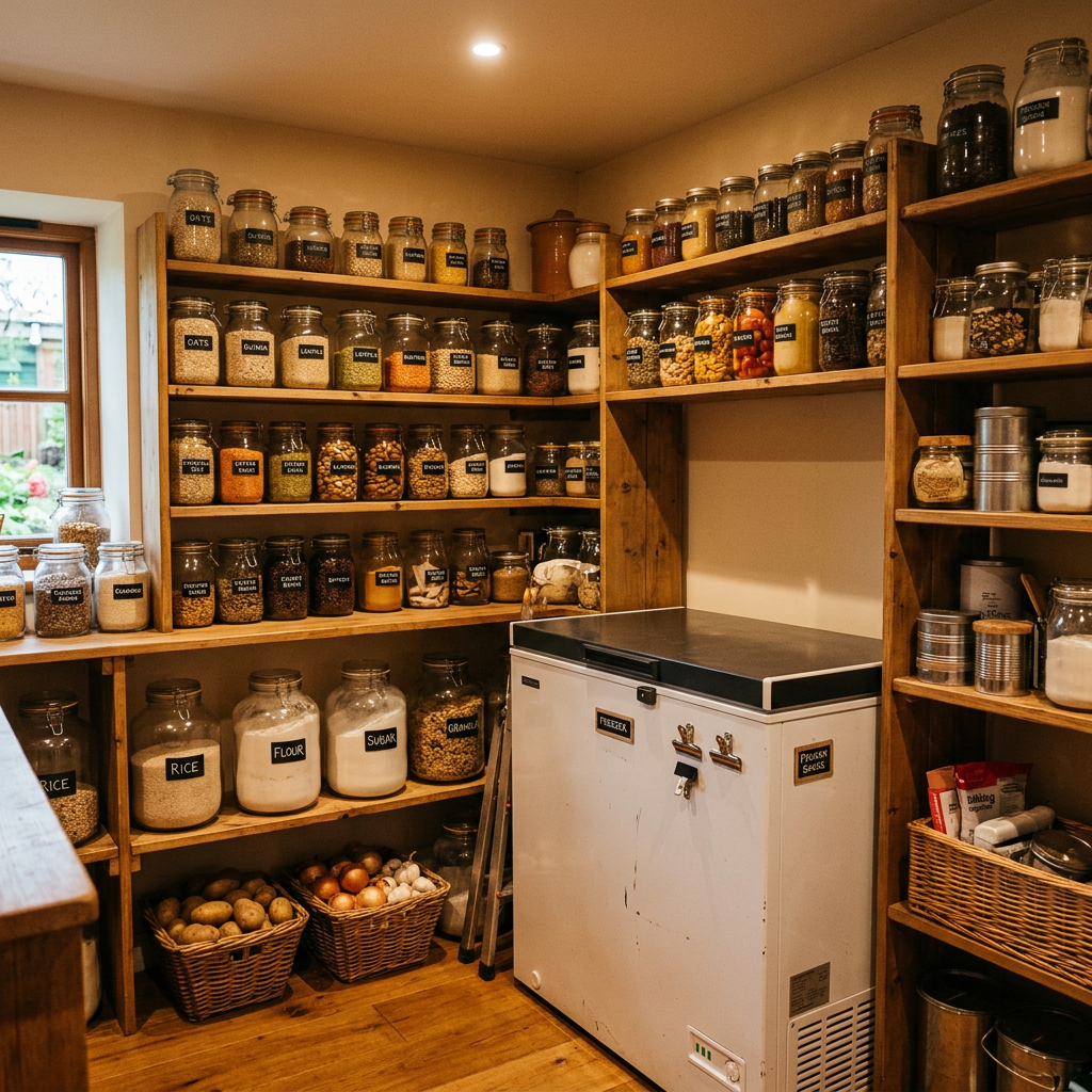 Pantry shelves lined with labeled jars of grains, legumes, and baking ingredients beside a white freezer