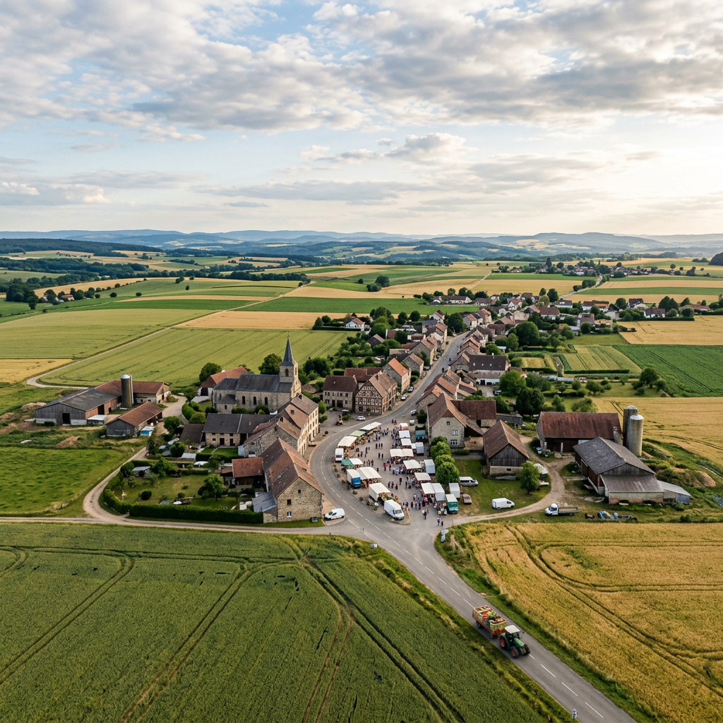 A rural village with a road lined by market stalls and people, surrounded by green and golden fields