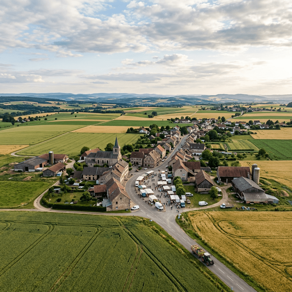 A rural village with a road lined by market stalls and people, surrounded by green and golden fields